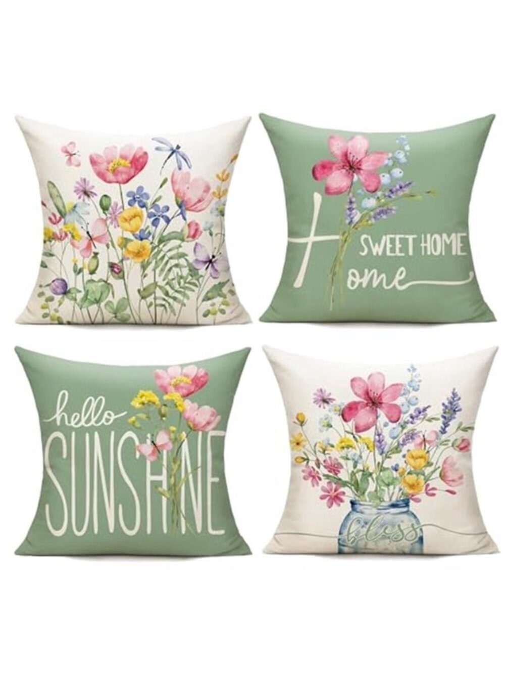 Summer Garden Floral 18x18 Wildflower-green Pillow Covers Set 4